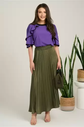 Fusta lunga kaki din satin cu pliuri