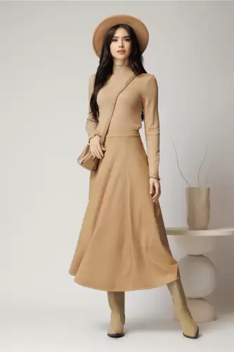 Fusta midi din catifea maro camel