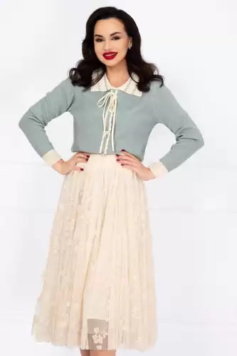 Fusta midi din tulle crem cu model floral
