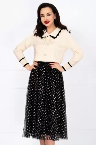 Fusta midi neagra din tulle cu buline albe