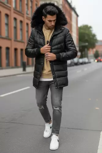 Geaca barbati groasa de iarna  imblanita  neagra 9205A