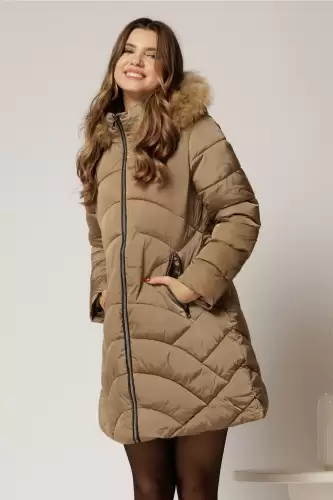Geaca dama bej cu croi drept si gluga detasabila