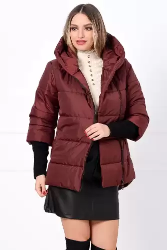 Geaca dama grena matlasata Anca cu mansete din tricot si gluga