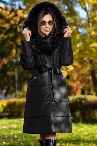 Geaca dama lunga neagra Madeleine cu gluga si blanita