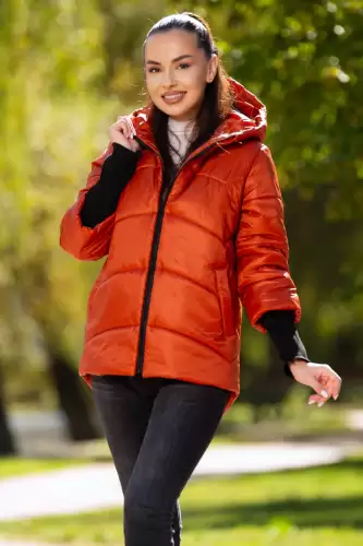 Geaca dama matlasata orange Denisa cu mansete din tricot si gluga