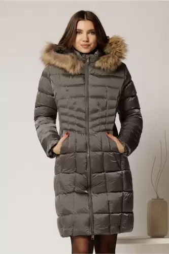 Geaca dama midi gri cu gluga detsabila cu blanita