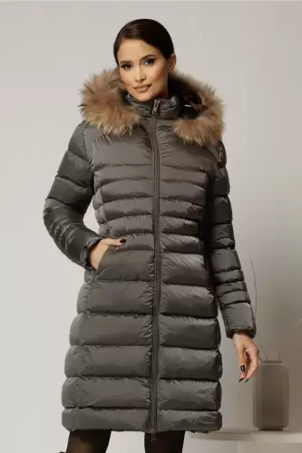 Geaca dama midi gri din fas cu gluga detasabila