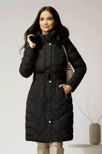 Geaca dama neagra cu cordon cu catarama in talie