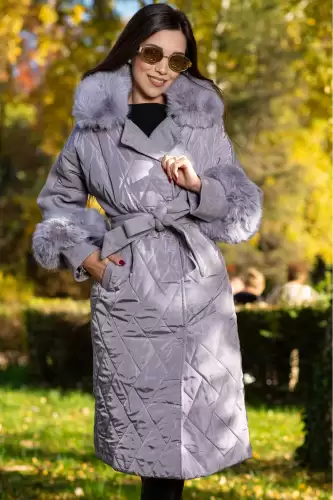 Geaca lunga gri eleganta Marianne cu guler si mansete din blana