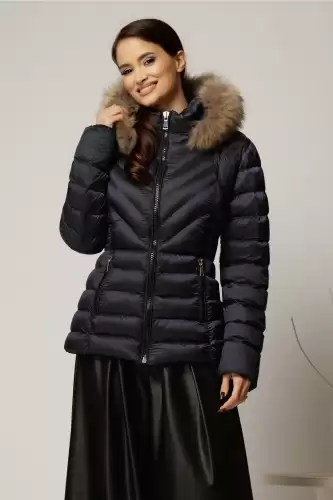 Geaca scurta bleumarin cu blanita naturala la gluga