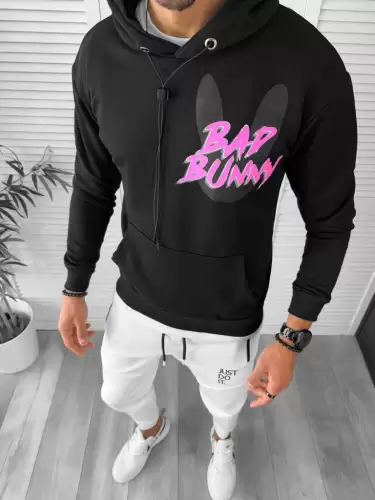 Hanorac barbati negru cu imprimeu pe spate slim fit K082 I1-5