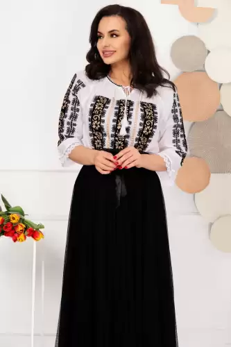 Ie alba traditionala din bumbac Veronica cu broderie neagra