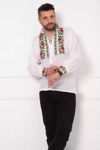 Ie barbateasca alba din bumbac brodata cu motivul trandafirului