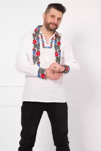 Ie barbateasca alba din bumbac cu broderie florala