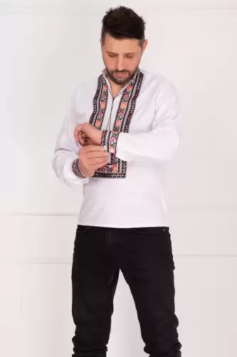Ie barbateasca din bumbac alba cu motive populare