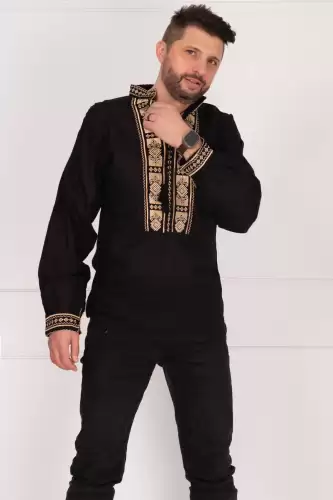 Ie barbateasca traditionala neagra din bumbac cu broderie din matase aurie