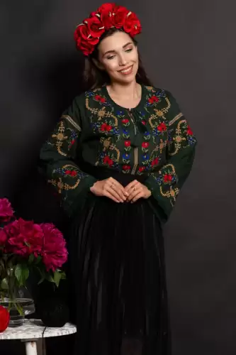 Ie dama verde din bumbac Raquel cu broderie florala