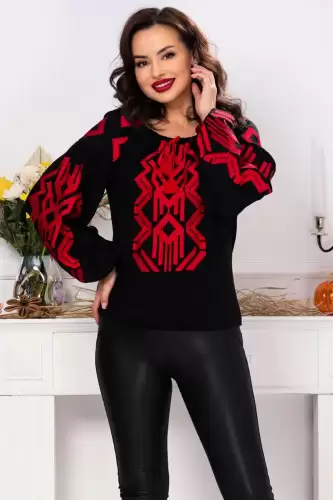 Ie traditionala neagra Effect cu broderie rosie