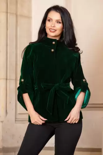 Jacheta din catifea verde cu maneca reglabila si guler inalt