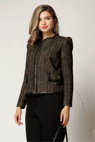 Jacheta DY Fashion eleganta din tweed negru cu maro