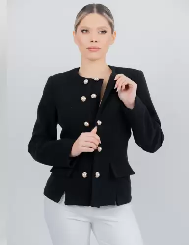 Jacheta neagra din stofa tesuta cu doua raduri de nasturi