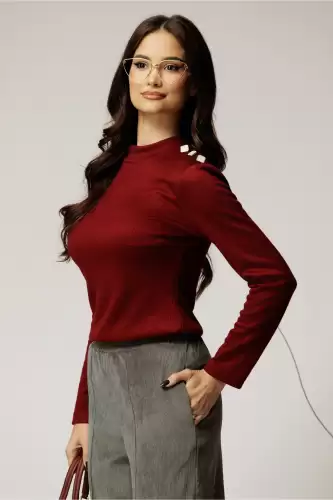 Maleta DY Fashion din tricot bordo cu guler si nasturi decorativi