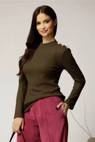 Maleta DY Fashion din tricot kaki cu guler si nasturi decorativi