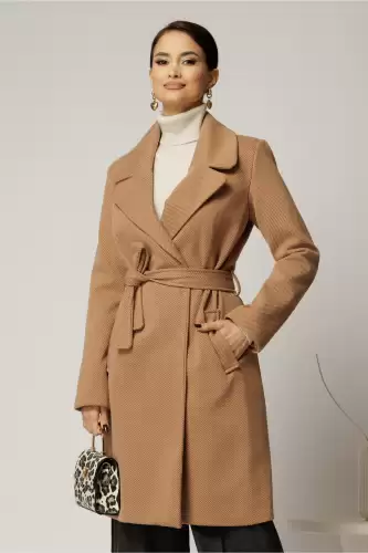 Palton Ariana maro camel cu buzunare si cordon in talie