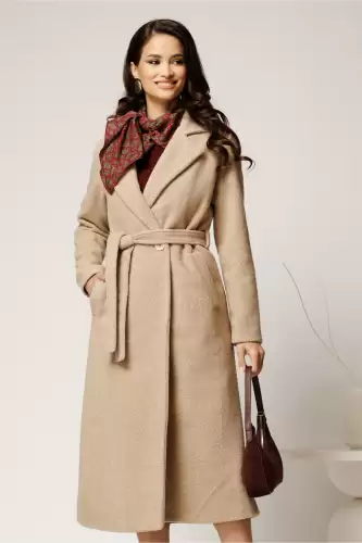 Palton bej din bucle cu croi drept si cordon in talie