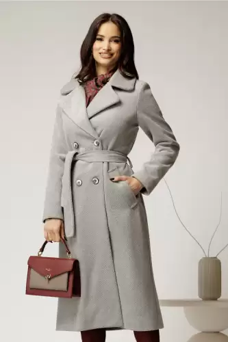 Palton Cristina midi gri cu dungi cu croi drept si cordon in talie