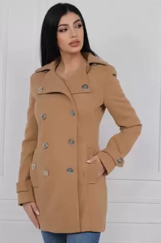 Palton dama bej cu doua randuri de nasturi si buzunare laterale