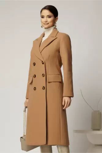 Palton dama bej lung croi drept cu rever
