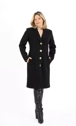 Palton dama cambrat negru cu nasturi metalici si buzunare laterale
