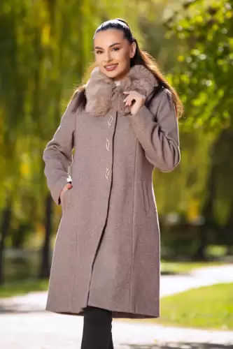 Palton dama elegant aluna Anais din stofa cu guler din blana