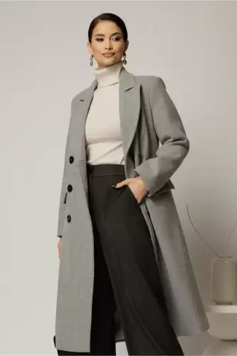 Palton dama gri lung croi drept cu rever