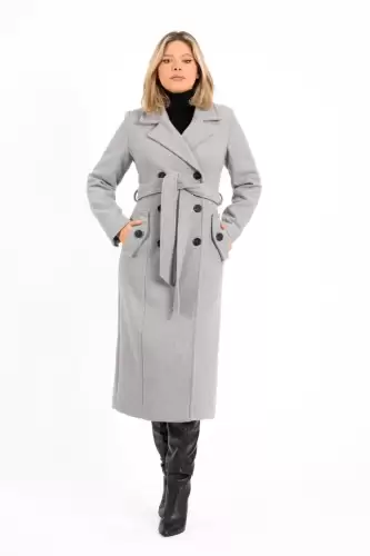 Palton dama gri lung cu talia marcata de un cordon detasabil si doua randuri de nasturi