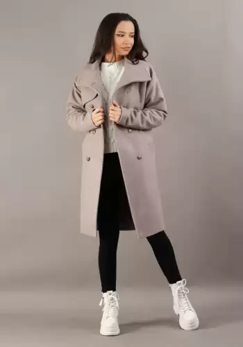 Palton dama gri pudrat captusit cu guler si rever ascutit