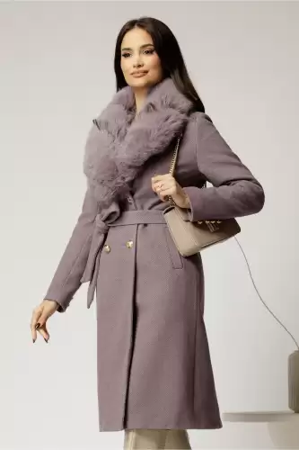 Palton dama lila cu cordon in talie si blanita detasabila