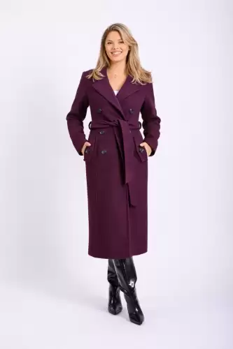 Palton dama midi cambrat cu buzunare laterale si doua randuri de nasturi