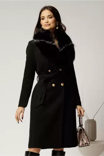 Palton dama negru cu cordon in talie si blanita detasabila
