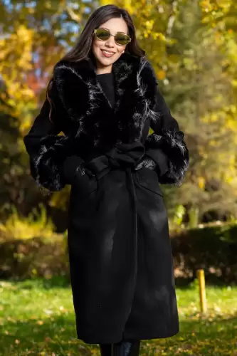 Palton dama negru elegant Fabiola din stofa cu guler din blana