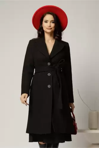 Palton dama negru midi elegant cu croi cambrat