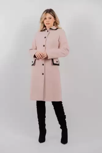 Palton dama roz prafuit din stofa tesuta cu broderie manuala