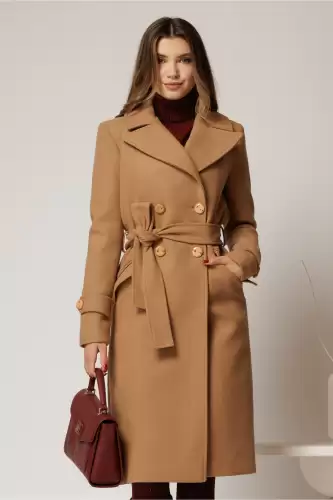 Palton drept maro cu nasturi si cordon in talie