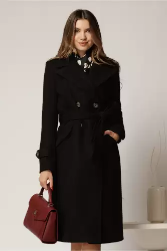 Palton drept negru cu nasturi si cordon in talie