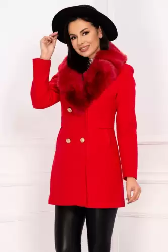 Palton elegant dama rosu din stofa cu guler din blana ecologica