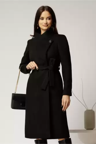 Palton elegant din stofa neagra cu nasture si cordon in talie