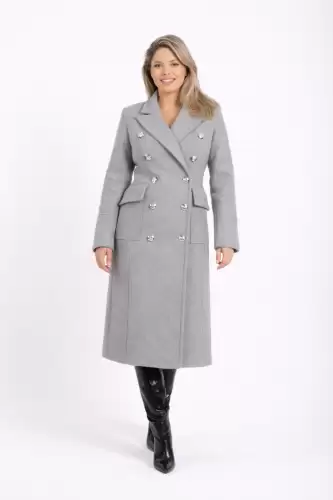 Palton gri cambrat cu slit la spate si doua randuri de nasturi metalici