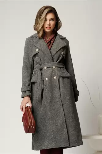 Palton gri din bucle cu nasturi si cordon in talie