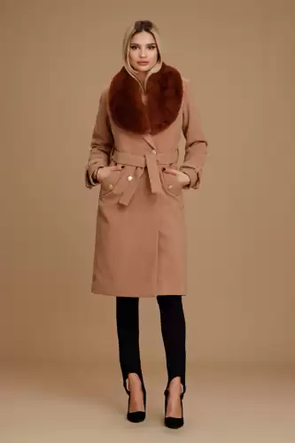 Palton gros dama bej/acaju cu guler detasabil